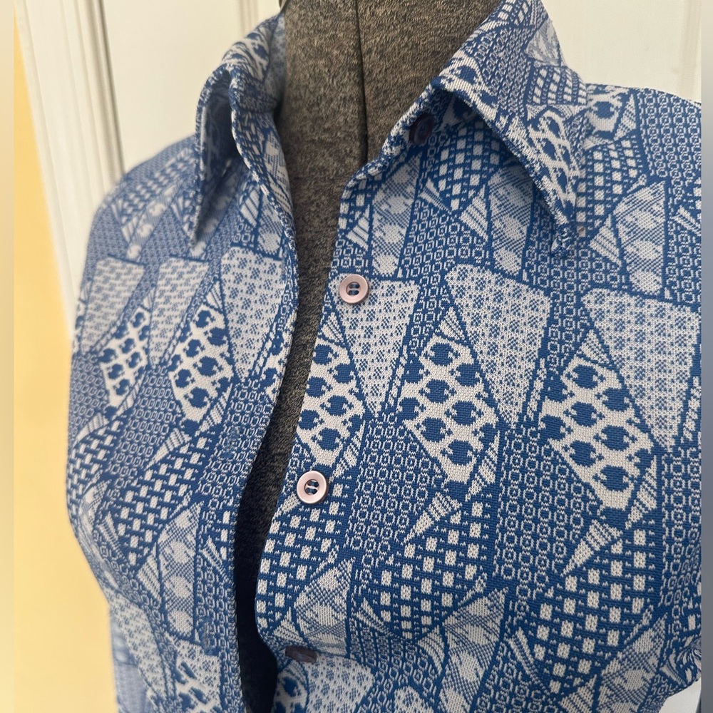 Vintage 70s Talbott blue & white denim print button down shirt 10